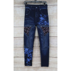 Fancy USA Womens High Rise Floral Leopard Denim Leggings One Size Navy Blue